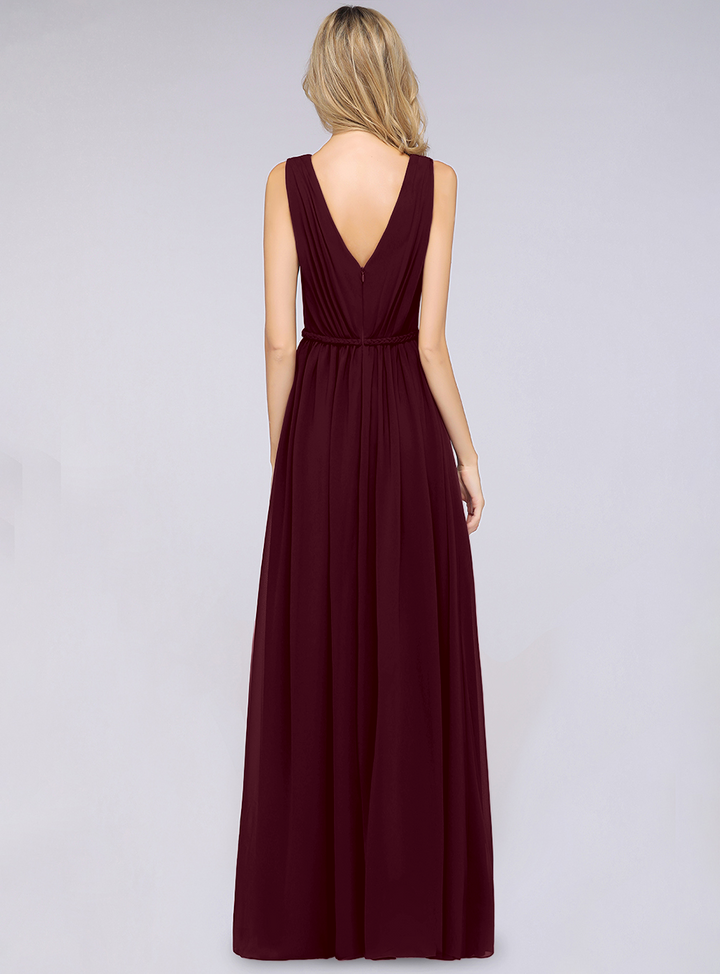 A-line V-Neck Ruched Chiffon Floor-Length Dress with Front Slit-koscy