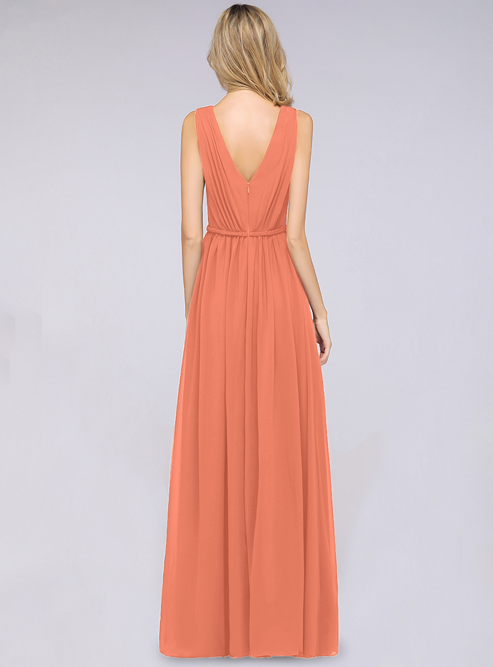 A-line V-Neck Ruched Chiffon Floor-Length Dress with Front Slit-koscy