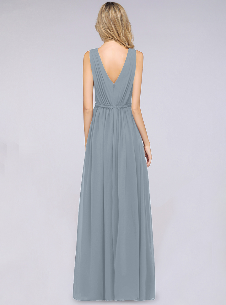 A-line V-Neck Ruched Chiffon Floor-Length Dress with Front Slit-koscy