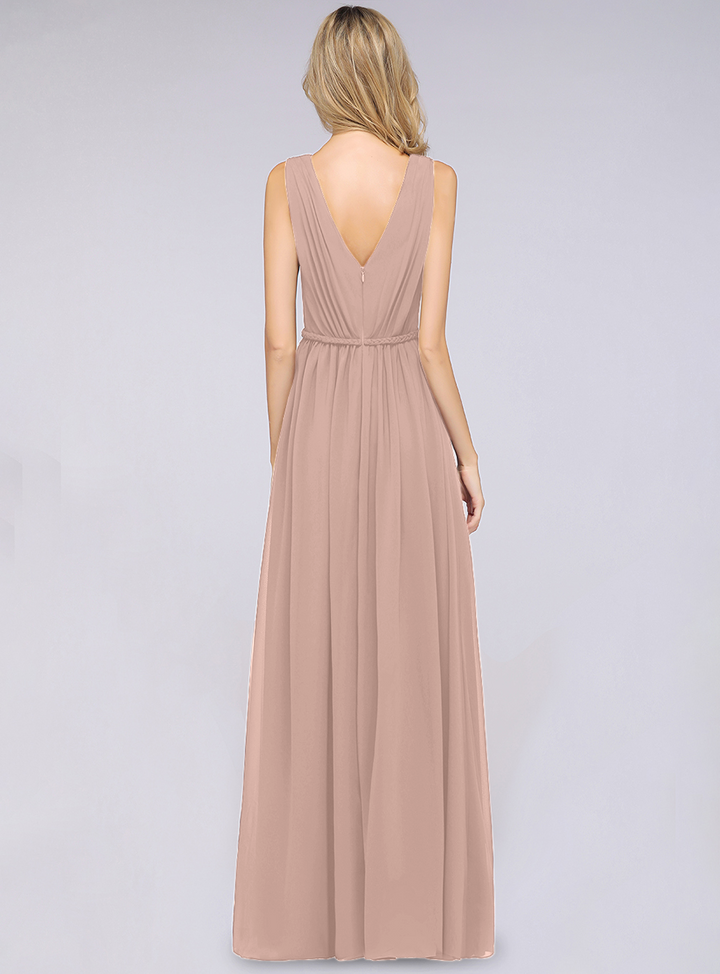 A-line V-Neck Ruched Chiffon Floor-Length Dress with Front Slit-koscy