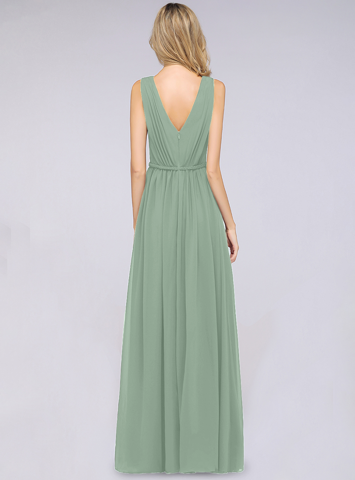 A-line V-Neck Ruched Chiffon Floor-Length Dress with Front Slit-koscy