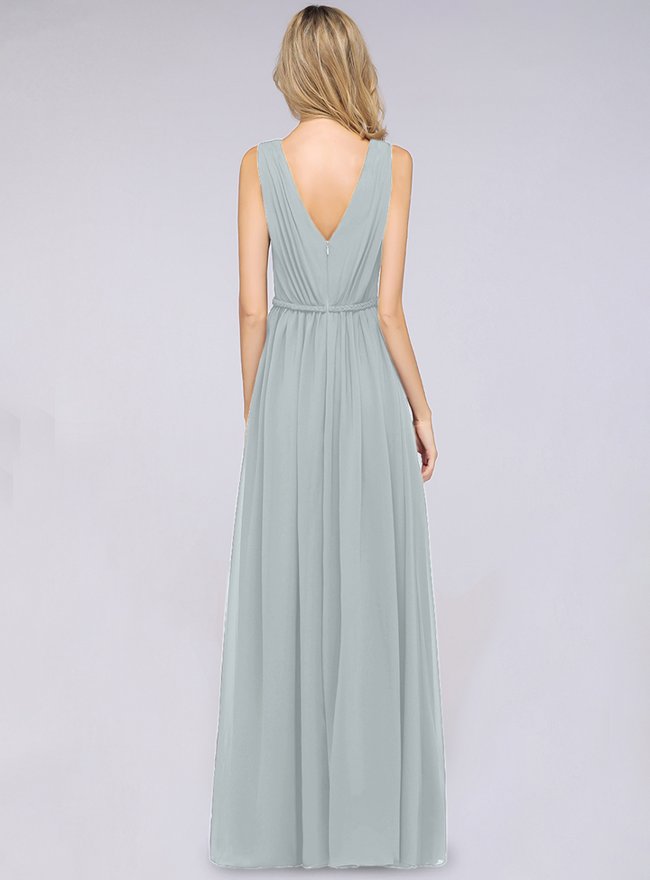 A-line V-Neck Ruched Chiffon Floor-Length Dress with Front Slit-koscy