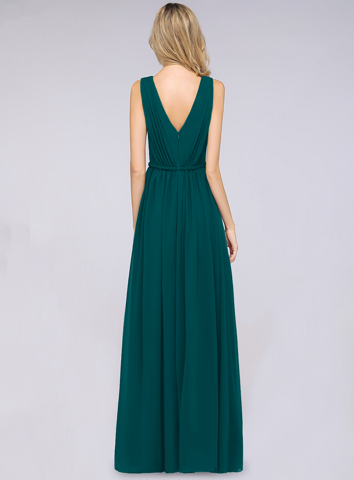 A-line V-Neck Ruched Chiffon Floor-Length Dress with Front Slit-koscy