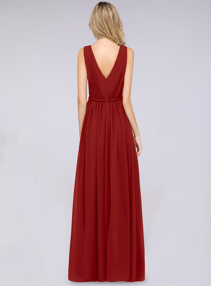 A-line V-Neck Ruched Chiffon Floor-Length Dress with Front Slit-koscy