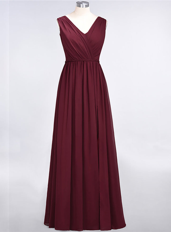 A-line V-Neck Ruched Chiffon Floor-Length Dress with Front Slit-koscy