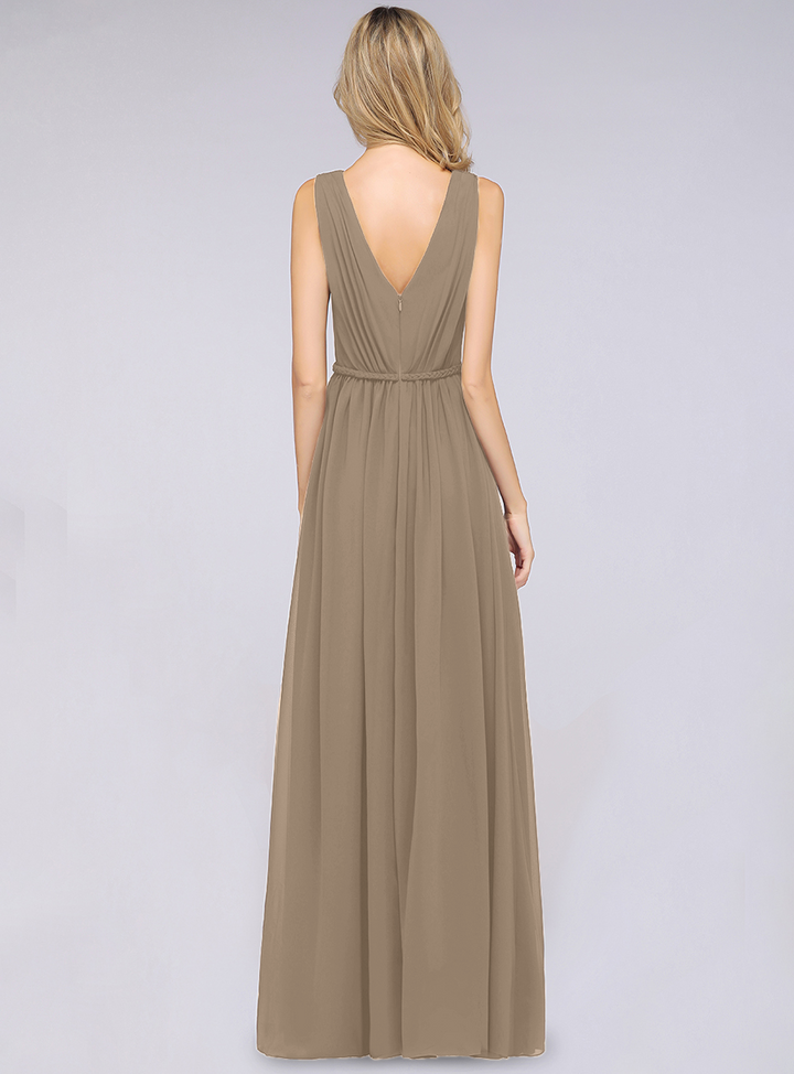 A-line V-Neck Ruched Chiffon Floor-Length Dress with Front Slit-koscy