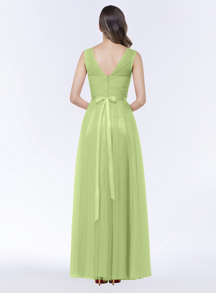 A-line V-Neck Ruched Chiffon Floor-Length Dress with Sash-koscy