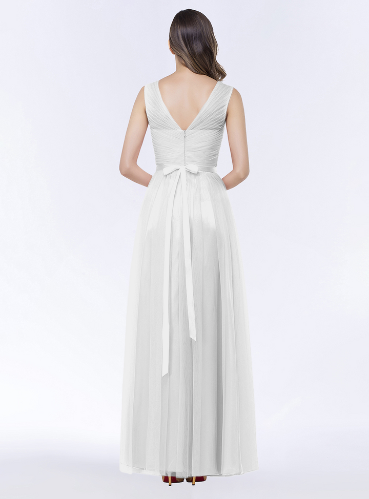 A-line V-Neck Ruched Chiffon Floor-Length Dress with Sash-koscy