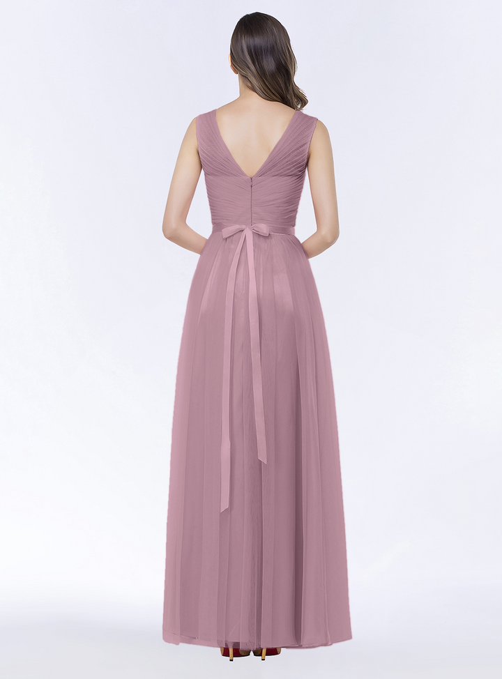 A-line V-Neck Ruched Chiffon Floor-Length Dress with Sash-koscy