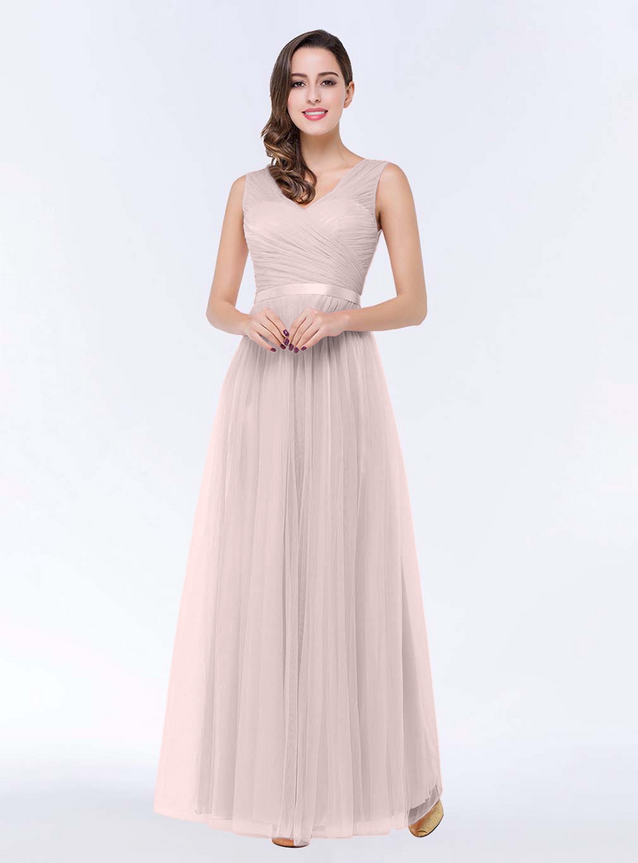 A-line V-Neck Ruched Chiffon Floor-Length Dress with Sash-koscy