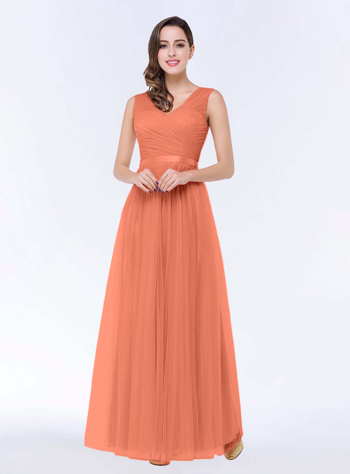 A-line V-Neck Ruched Chiffon Floor-Length Dress with Sash-koscy