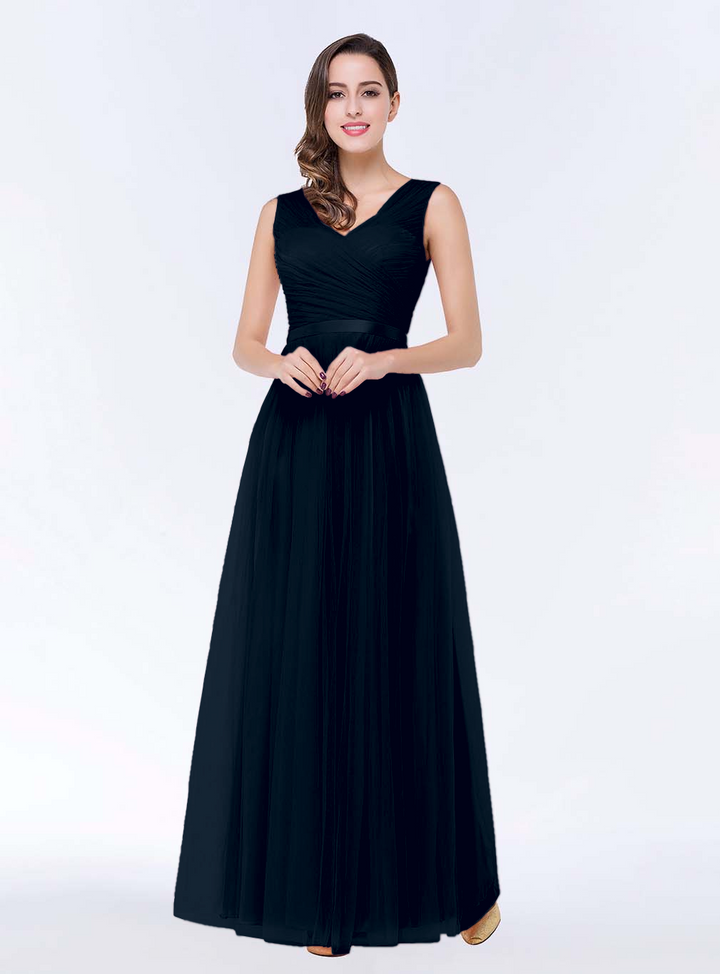 A-line V-Neck Ruched Chiffon Floor-Length Dress with Sash-koscy