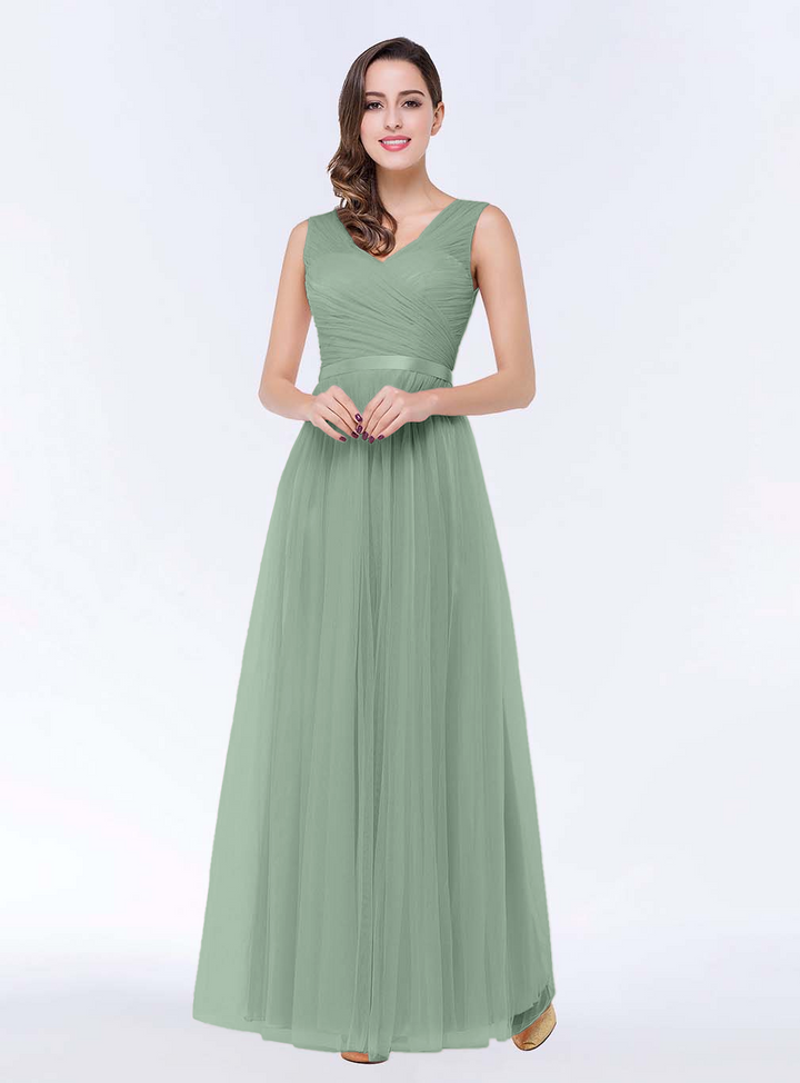 A-line V-Neck Ruched Chiffon Floor-Length Dress with Sash-koscy