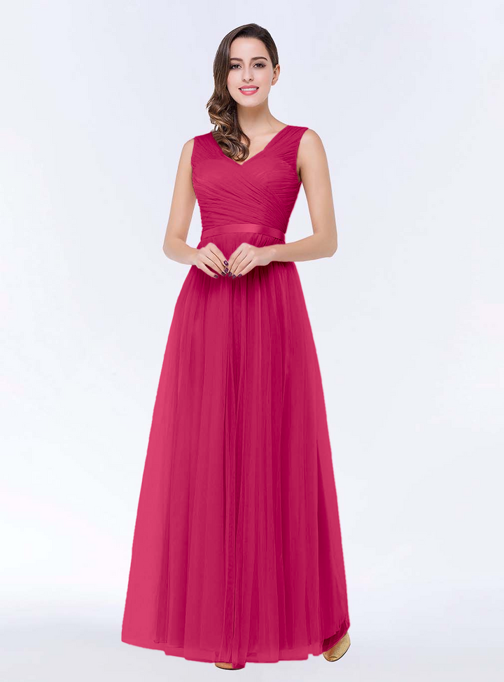 A-line V-Neck Ruched Chiffon Floor-Length Dress with Sash-koscy