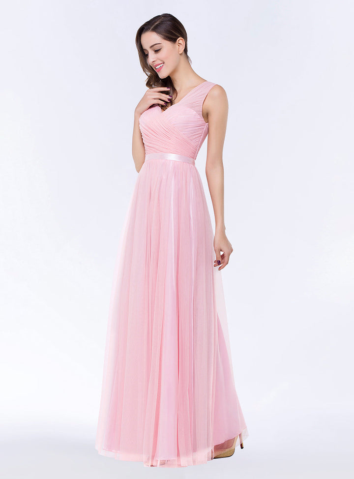 A-line V-Neck Ruched Chiffon Floor-Length Dress with Sash-koscy