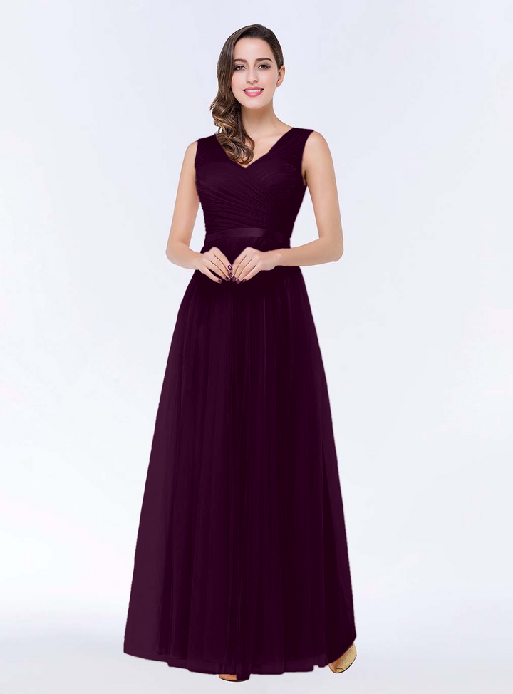 A-line V-Neck Ruched Chiffon Floor-Length Dress with Sash-koscy