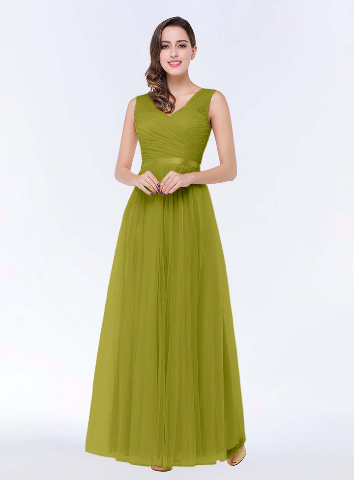 A-line V-Neck Ruched Chiffon Floor-Length Dress with Sash-koscy