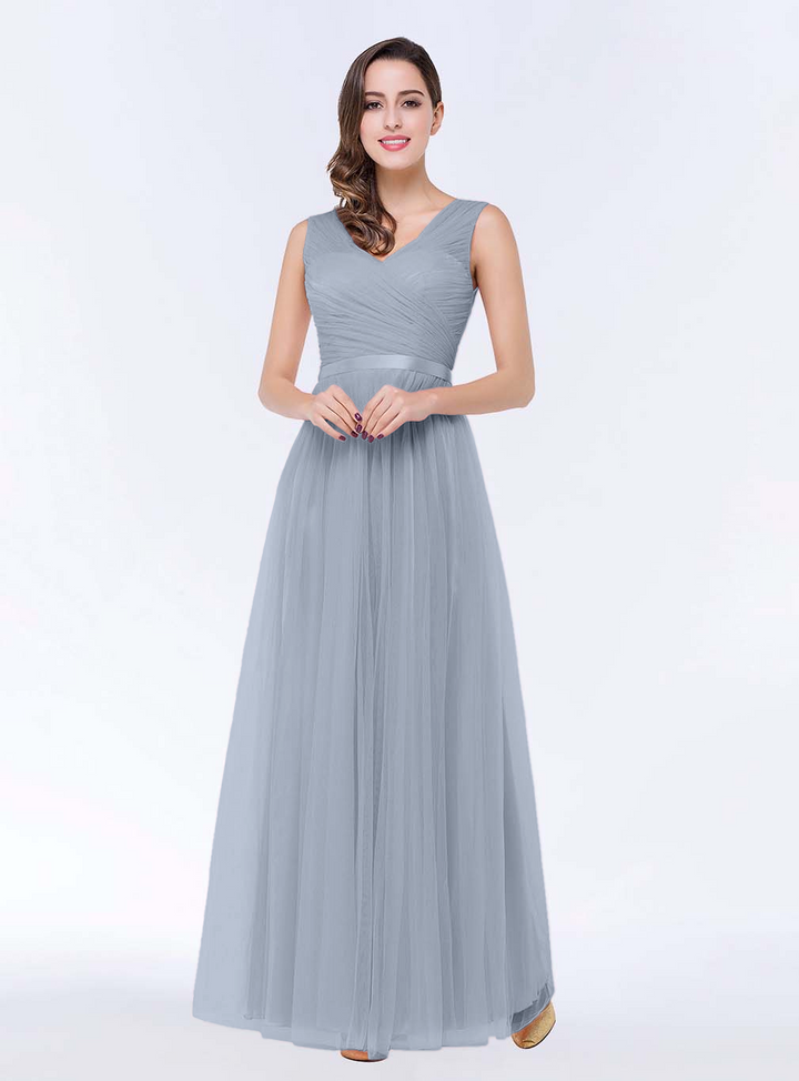 A-line V-Neck Ruched Chiffon Floor-Length Dress with Sash-koscy