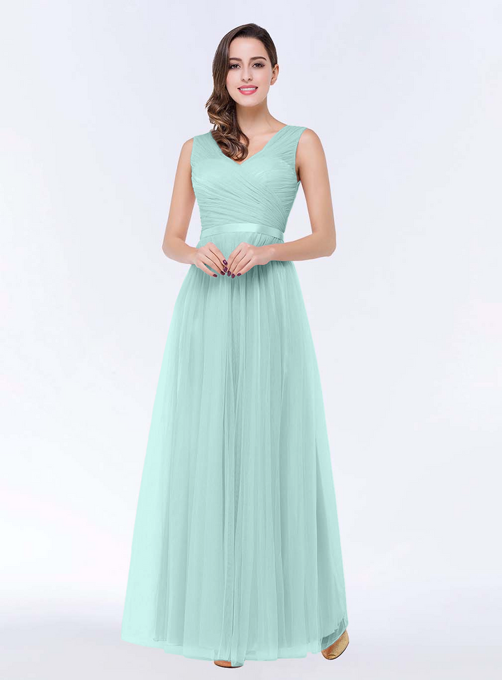 A-line V-Neck Ruched Chiffon Floor-Length Dress with Sash-koscy