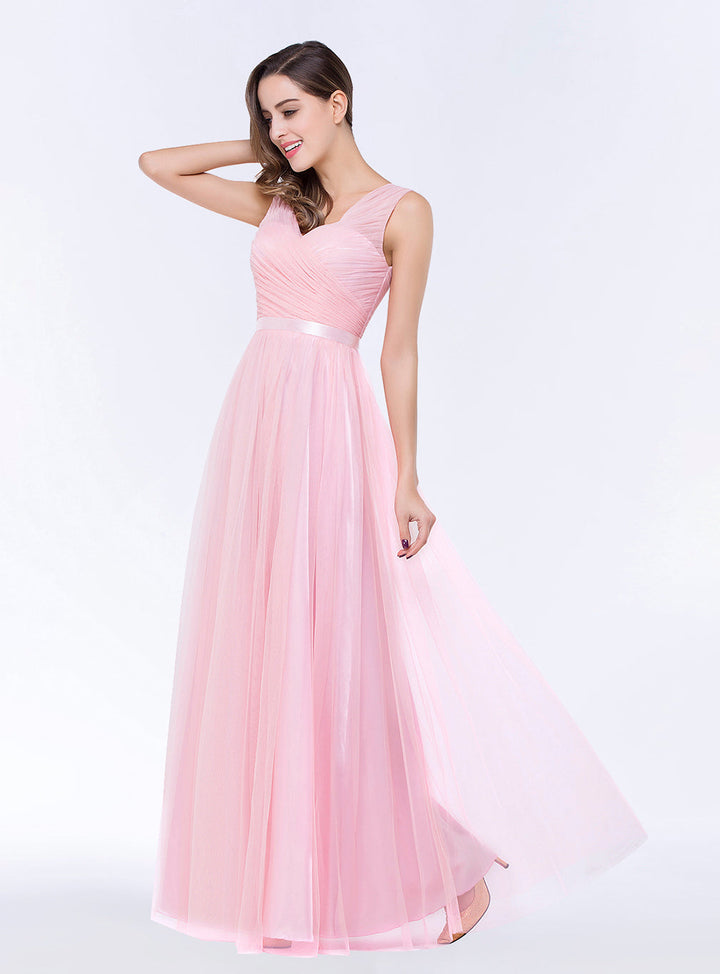 A-line V-Neck Ruched Chiffon Floor-Length Dress with Sash-koscy