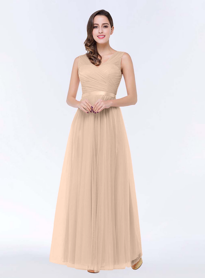 A-line V-Neck Ruched Chiffon Floor-Length Dress with Sash-koscy