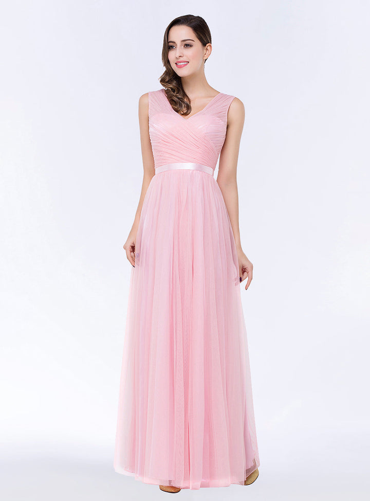 A-line V-Neck Ruched Chiffon Floor-Length Dress with Sash-koscy