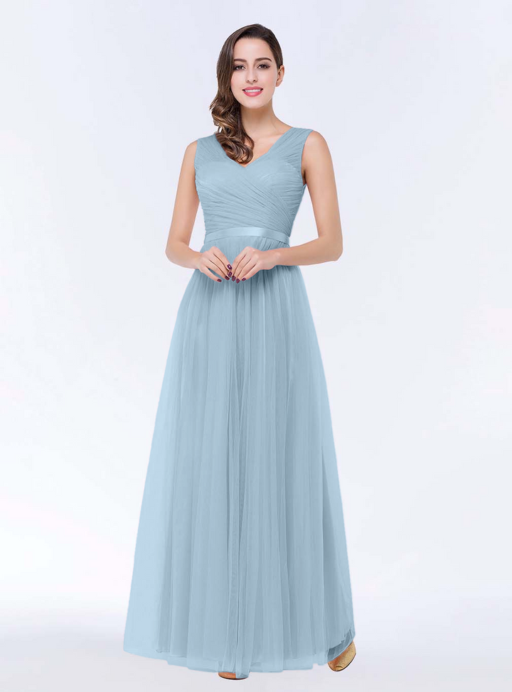 A-line V-Neck Ruched Chiffon Floor-Length Dress with Sash-koscy