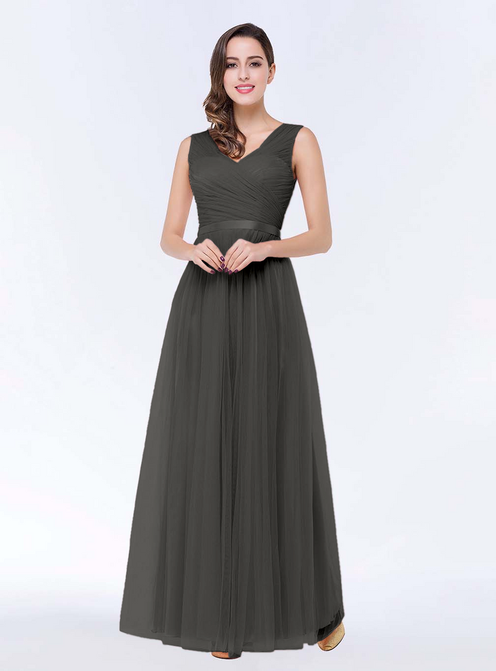 A-line V-Neck Ruched Chiffon Floor-Length Dress with Sash-koscy