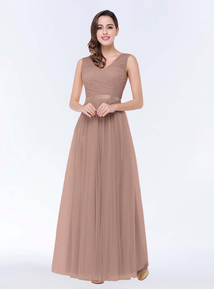 A-line V-Neck Ruched Chiffon Floor-Length Dress with Sash-koscy