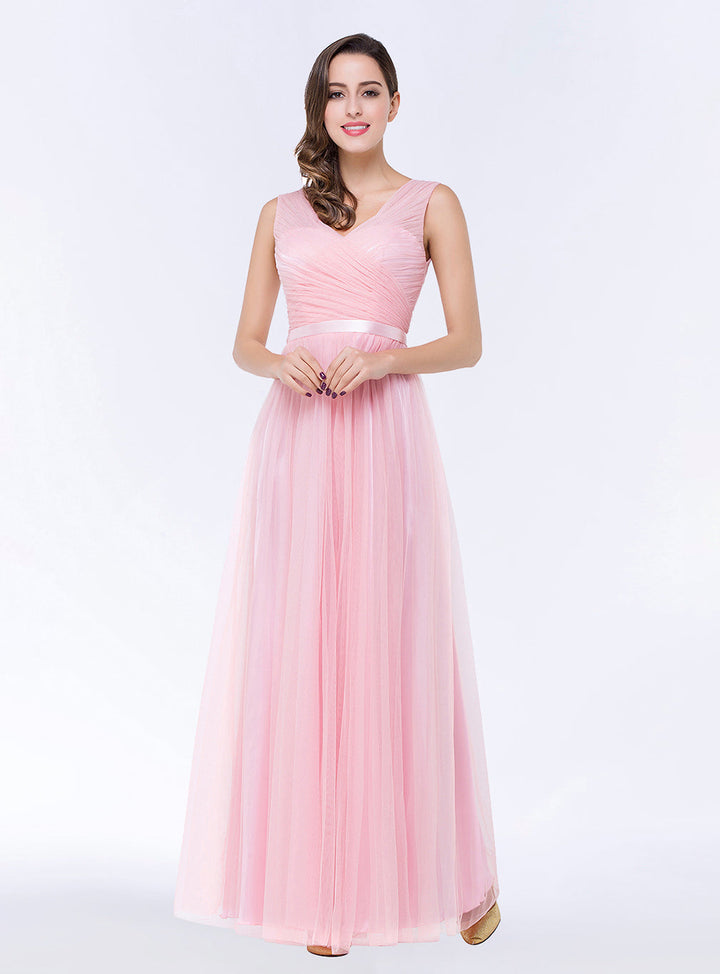 A-line V-Neck Ruched Chiffon Floor-Length Dress with Sash-koscy