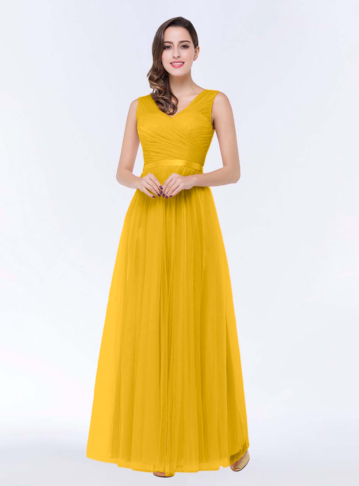 A-line V-Neck Ruched Chiffon Floor-Length Dress with Sash-koscy