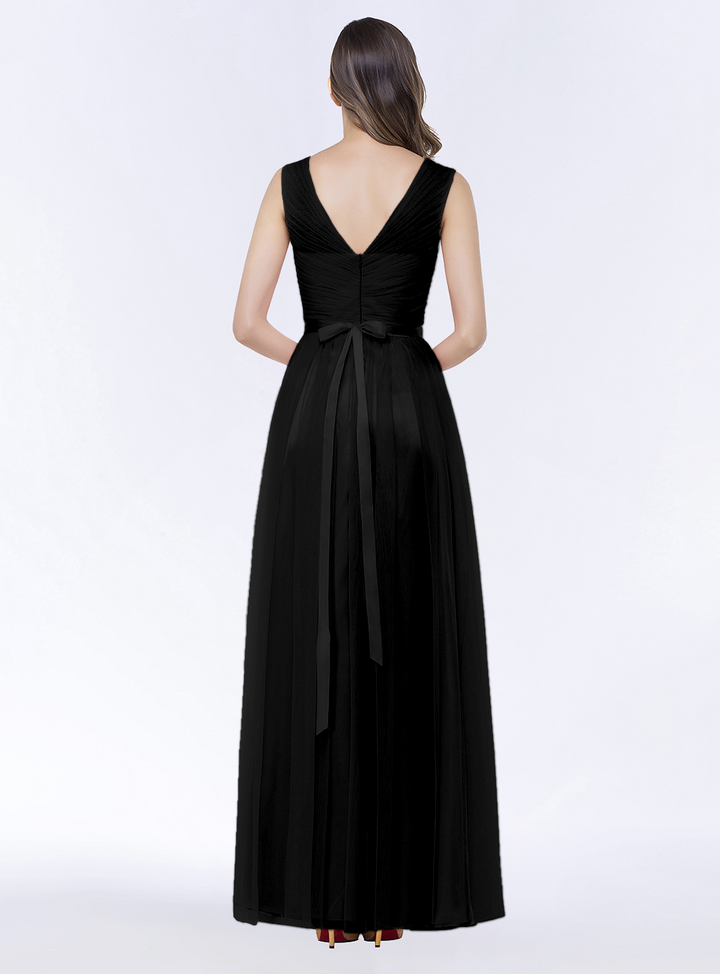 A-line V-Neck Ruched Chiffon Floor-Length Dress with Sash-koscy