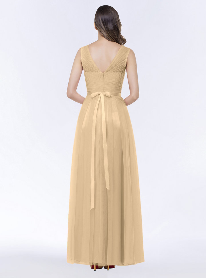 A-line V-Neck Ruched Chiffon Floor-Length Dress with Sash-koscy