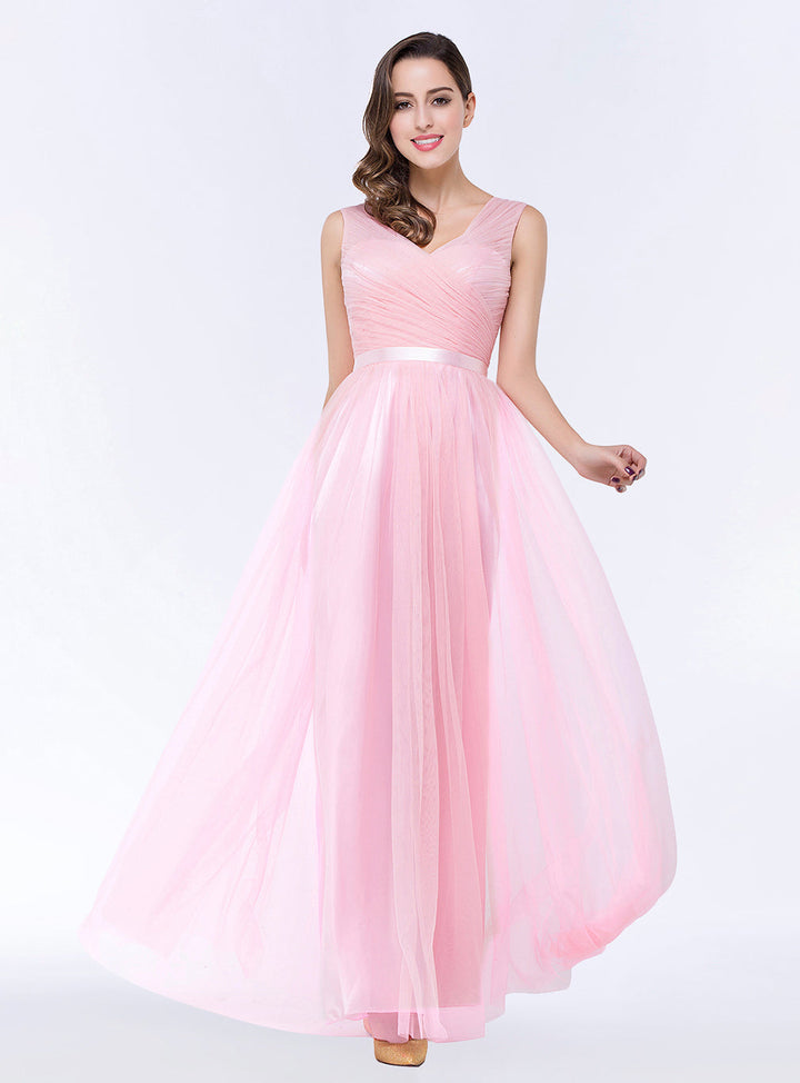 A-line V-Neck Ruched Chiffon Floor-Length Dress with Sash-koscy