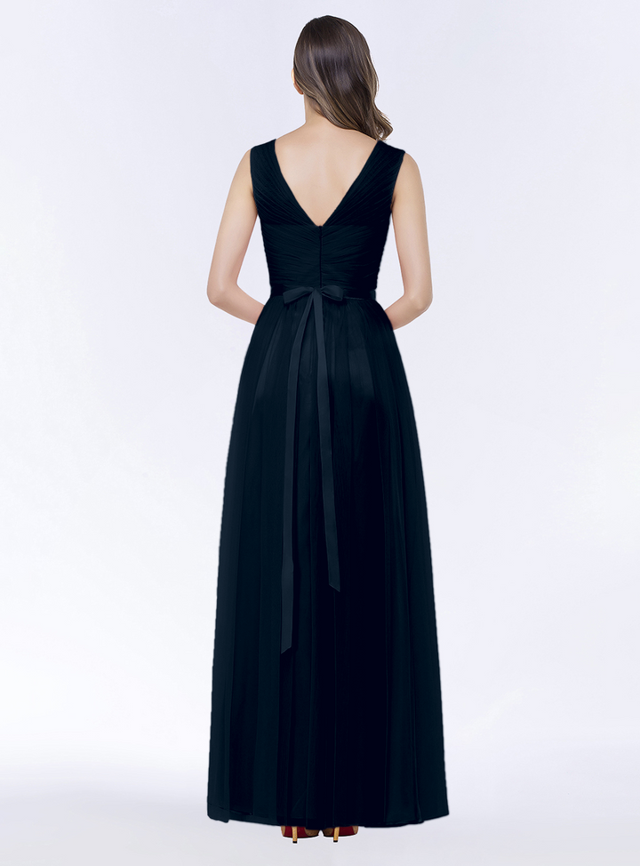 A-line V-Neck Ruched Chiffon Floor-Length Dress with Sash-koscy