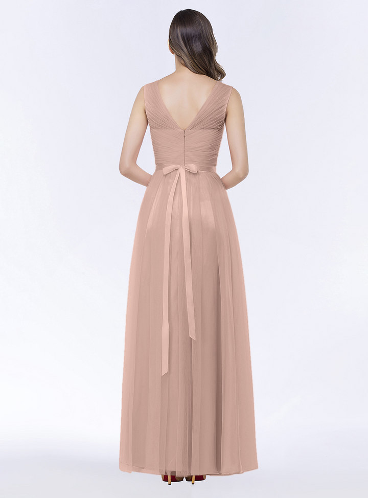 A-line V-Neck Ruched Chiffon Floor-Length Dress with Sash-koscy