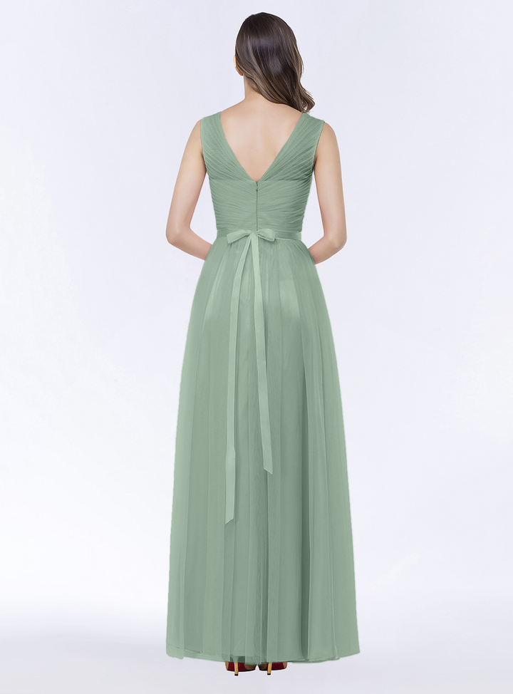 A-line V-Neck Ruched Chiffon Floor-Length Dress with Sash-koscy