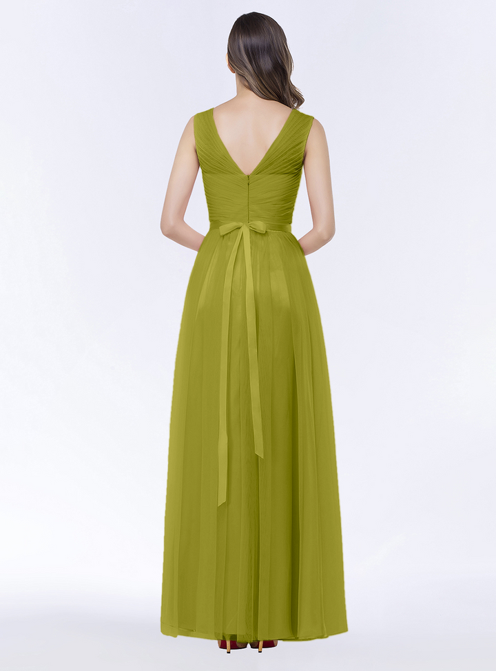 A-line V-Neck Ruched Chiffon Floor-Length Dress with Sash-koscy