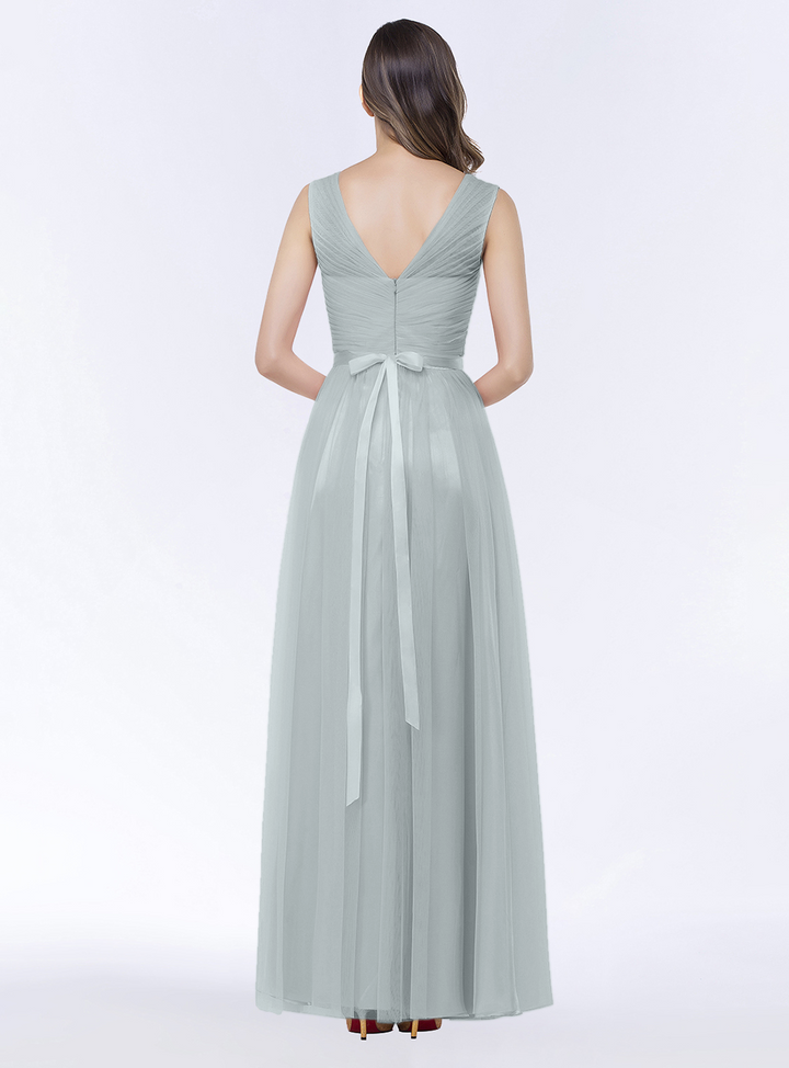 A-line V-Neck Ruched Chiffon Floor-Length Dress with Sash-koscy