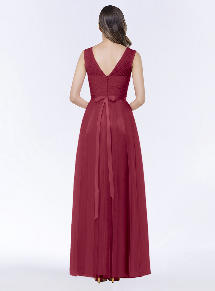 A-line V-Neck Ruched Chiffon Floor-Length Dress with Sash-koscy