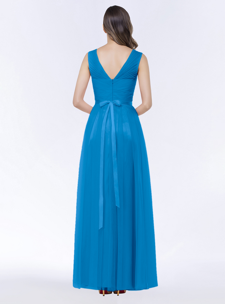 A-line V-Neck Ruched Chiffon Floor-Length Dress with Sash-koscy