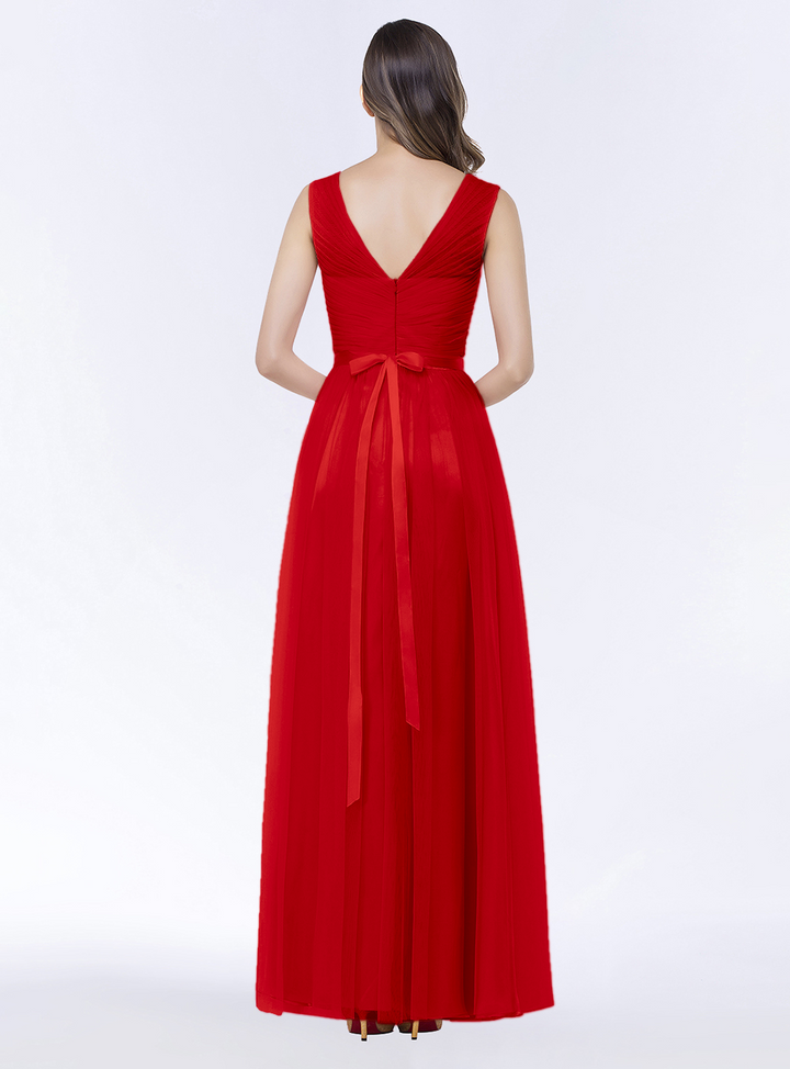 A-line V-Neck Ruched Chiffon Floor-Length Dress with Sash-koscy