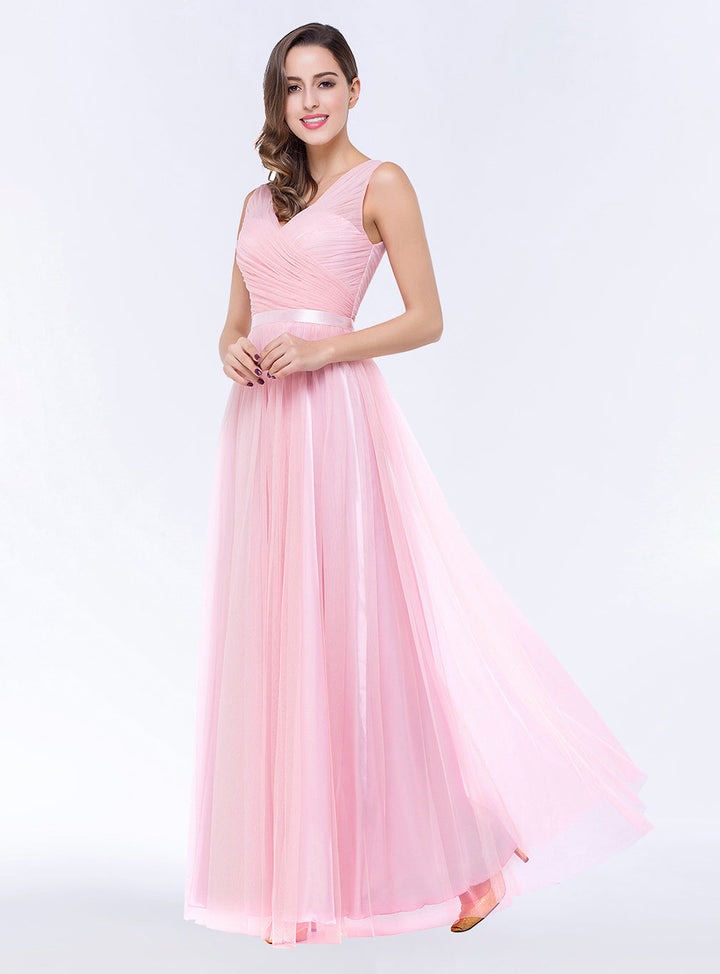 A-line V-Neck Ruched Chiffon Floor-Length Dress with Sash-koscy