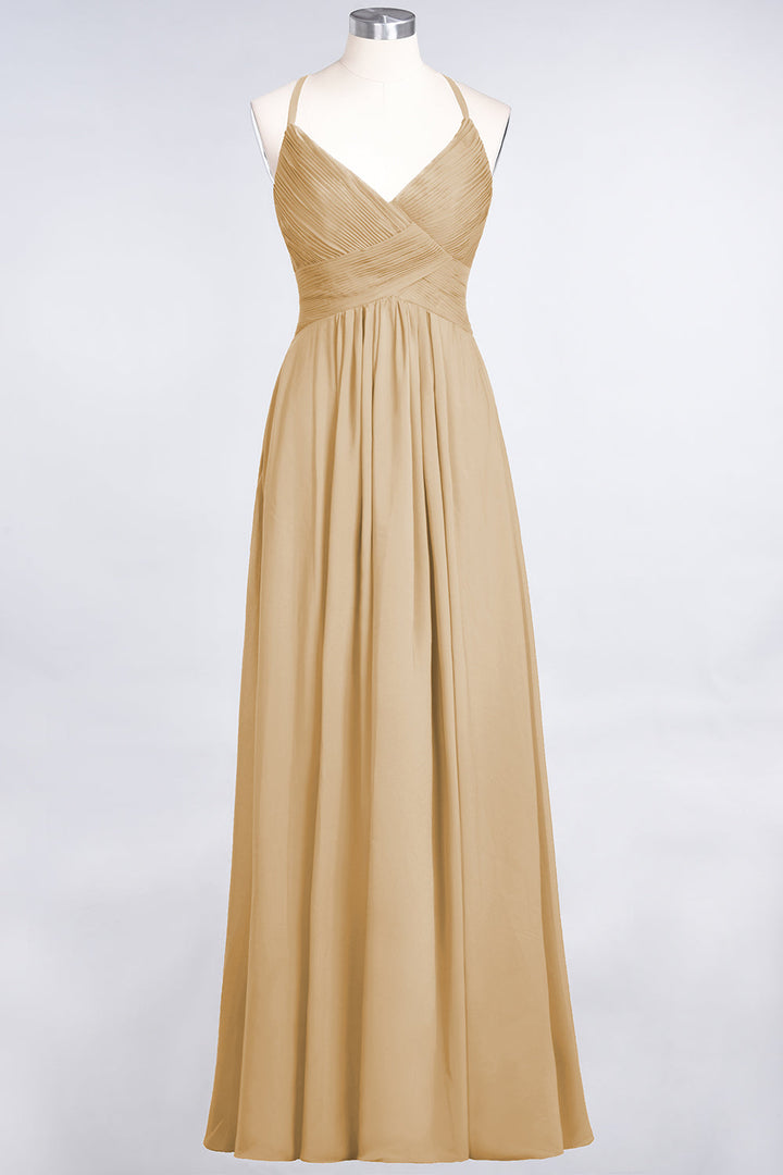 A-line V-Neck Ruched Chiffon Floor-Length Dress with Straps-koscy