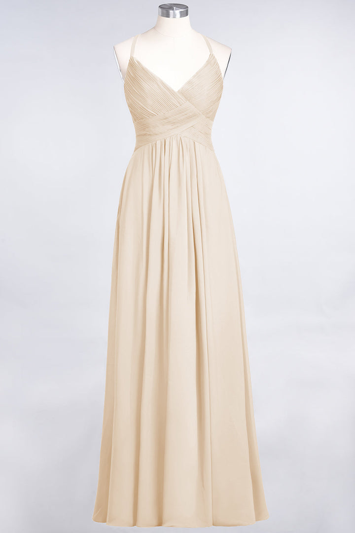 A-line V-Neck Ruched Chiffon Floor-Length Dress with Straps-koscy