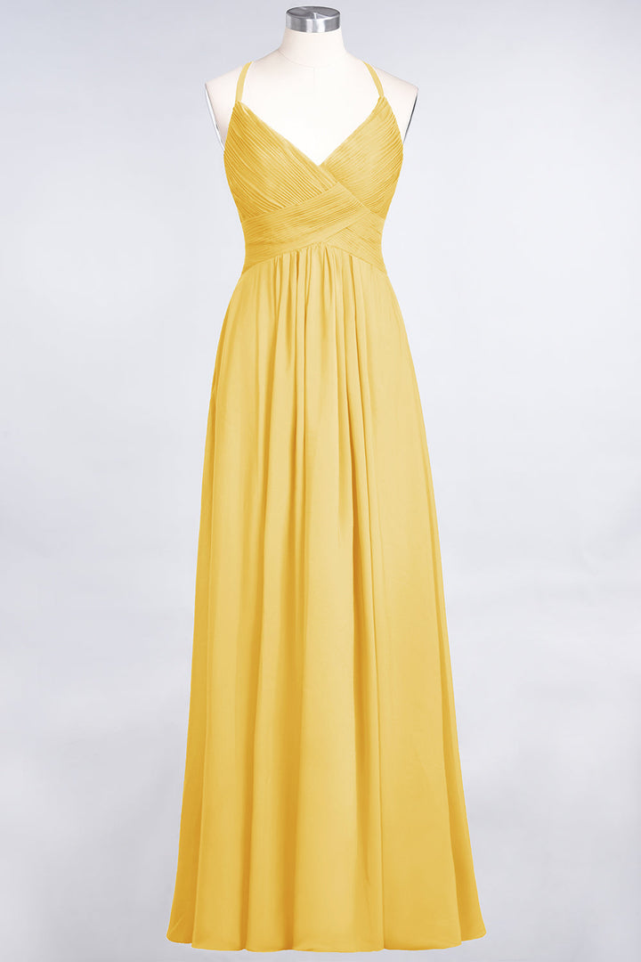 A-line V-Neck Ruched Chiffon Floor-Length Dress with Straps-koscy