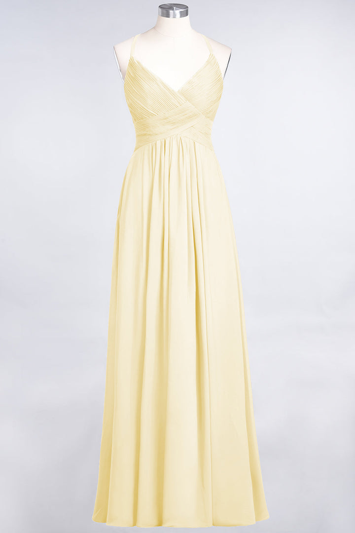 A-line V-Neck Ruched Chiffon Floor-Length Dress with Straps-koscy