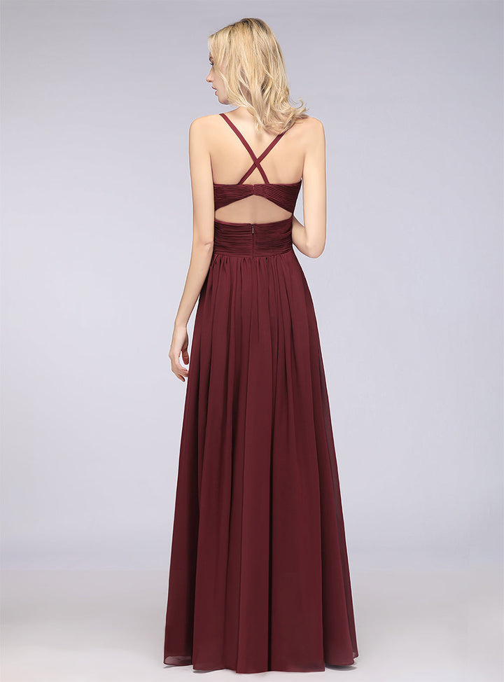 A-line V-Neck Ruched Chiffon Floor-Length Dress with Straps-koscy