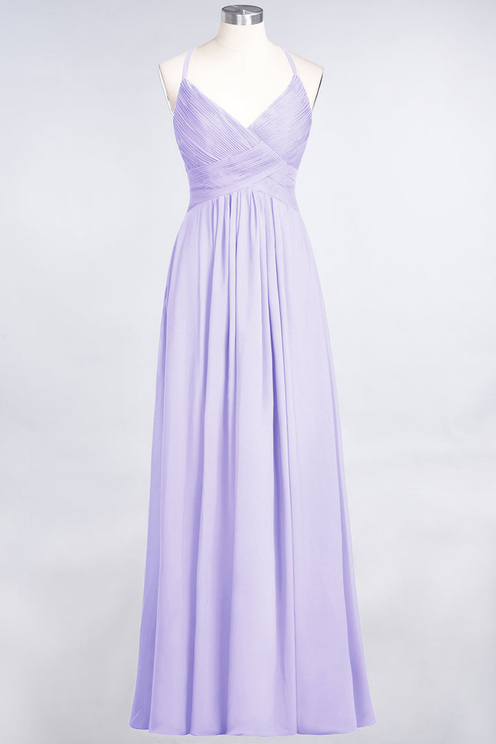 A-line V-Neck Ruched Chiffon Floor-Length Dress with Straps-koscy