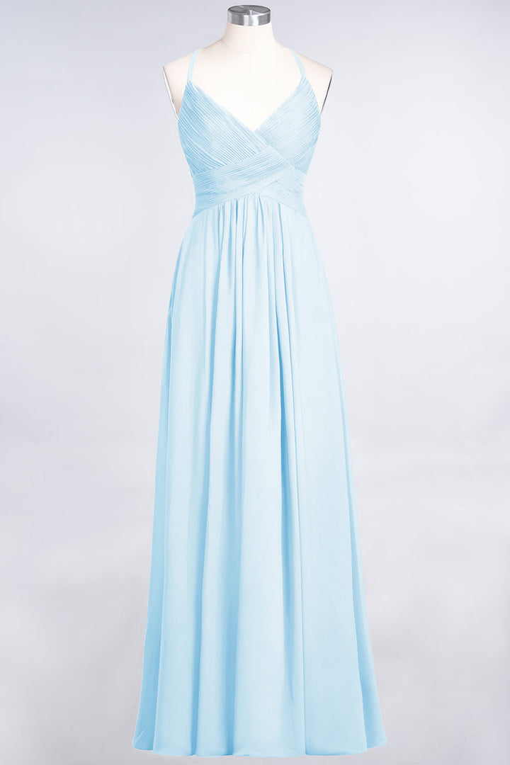 A-line V-Neck Ruched Chiffon Floor-Length Dress with Straps-koscy